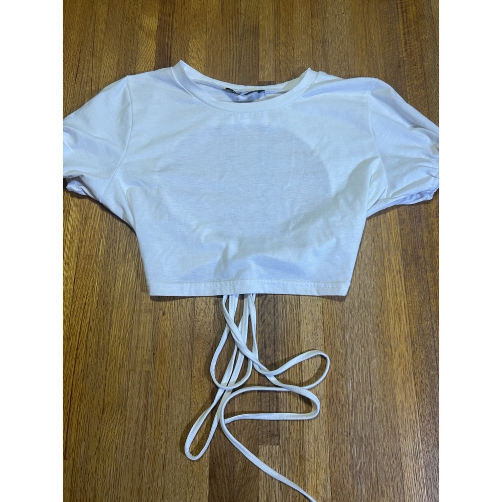 SHEIN Women Medium White Elastic Cuff Short Sleeve Tie Detail Open Back Crop Top